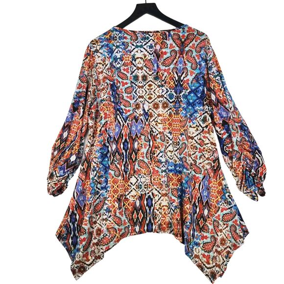Dalin Womens Top 2X Keyhole Geo Graphic Print Ruched Sleeves Boho Artsy Stretch - Picture 6 of 10
